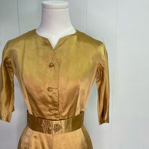 Vintage 1950’s Golden, Silk Satin Jumpsuit, chinoiserie, petite, rare pantsuit